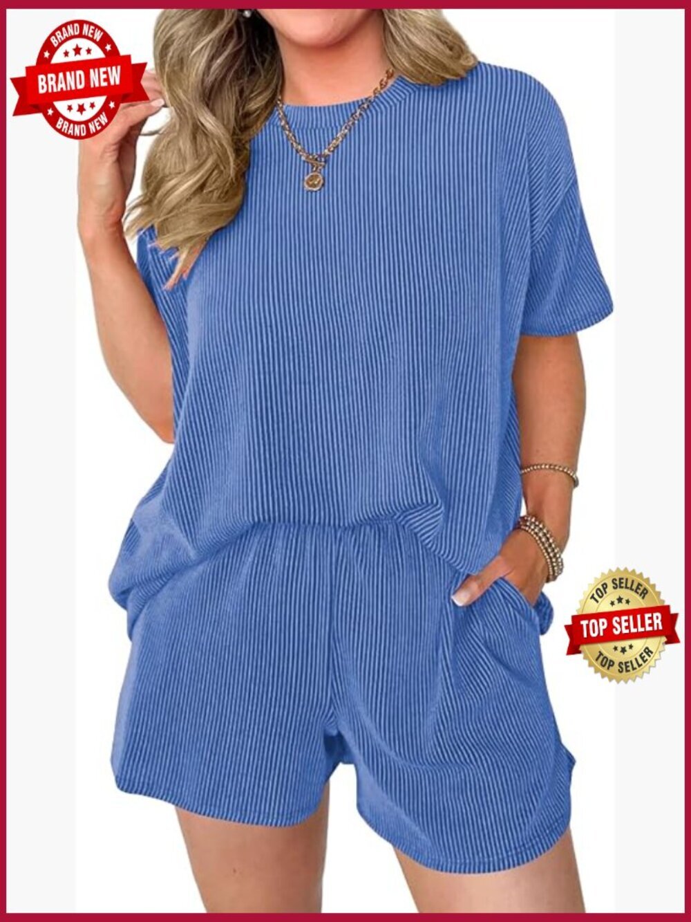 Two Piece Lounge Set Ribbed Knit Short Sleeve Shirt & Shorts with Pockets